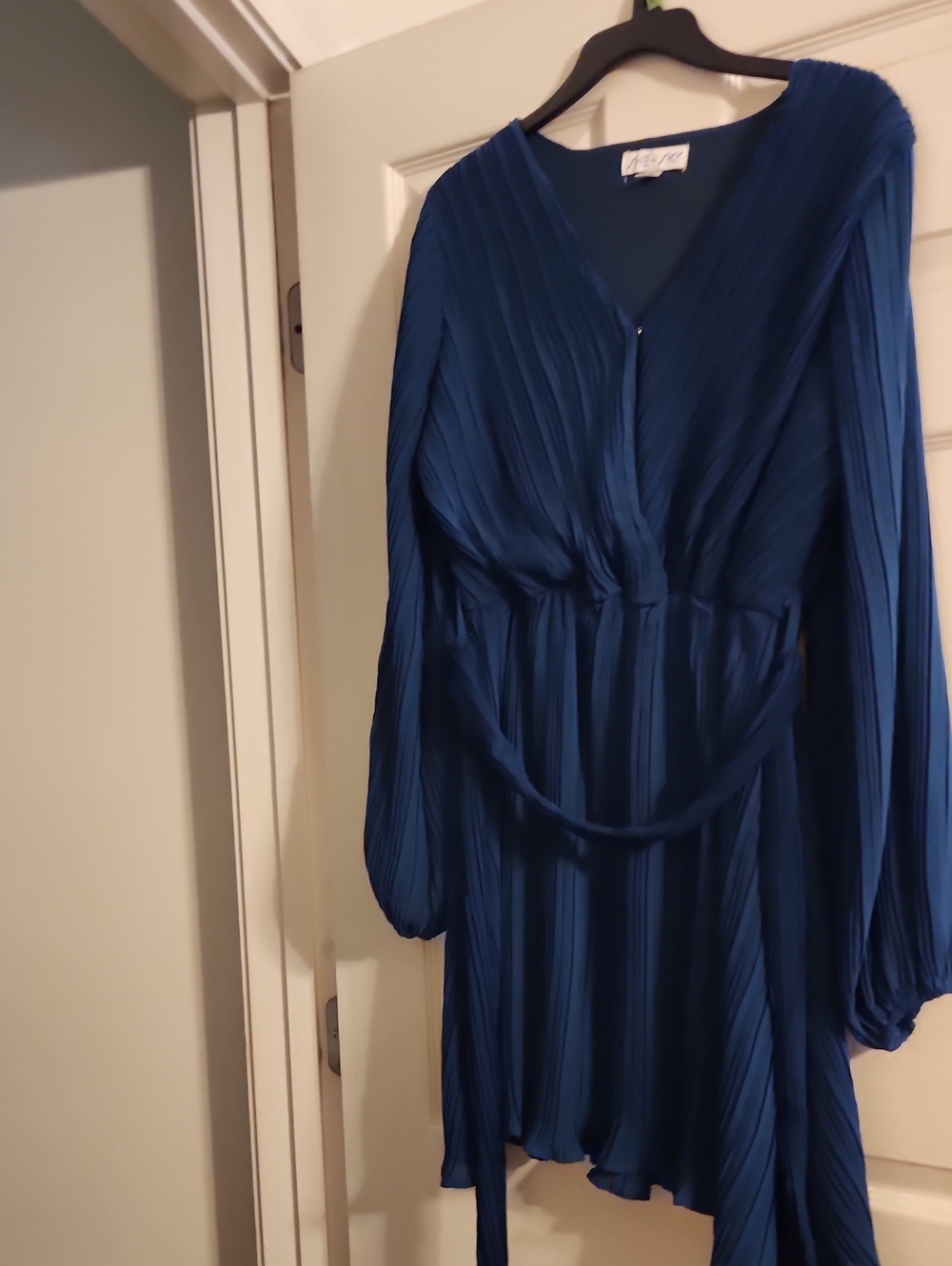 She + Sky Deep Blue Plissé Long Sleeve Dress with Waist Tie